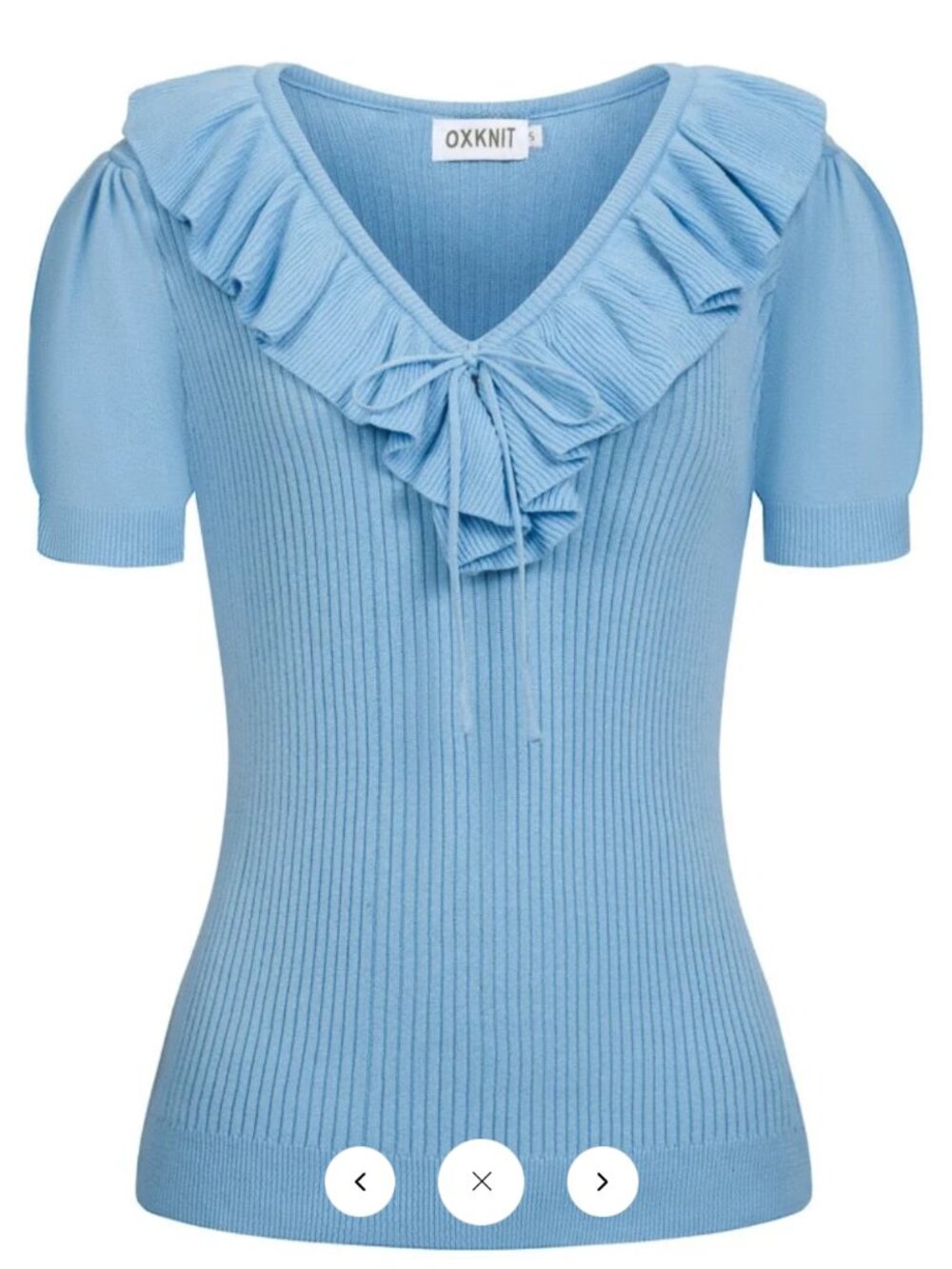 Oxknit Women's Light Blue Retro Ruffled Tie-Waist V-Neck Knit T-Shirt XL